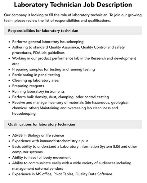 laboratory tester job description|lab technician job description sample.